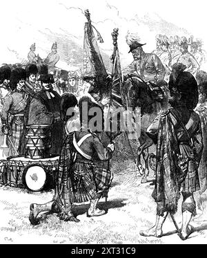 Presentazione dei nuovi colori ai 42° Highlanders, 1871. Soldati scozzesi con bandiera dell'unione e reggimento. Da "Illustrated London News", 1871. Foto Stock