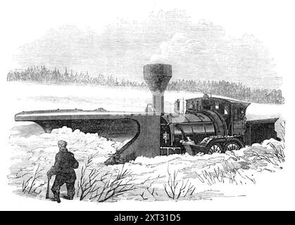 Snow-Plough sulla Grand Trunk Railway of Canada, 1870. "Non c'è nulla nei fenomeni ordinari delle stagioni che sia così propenso a interrompere il traffico delle ferrovie come l'accumulo di neve... la Grand Trunk Railway del Canada, con la sua magnifica estensione di 900 miglia, comprendente le diramazioni, attraverso un paese che non manca mai di mostrare gli effetti dell'inverno in piena forza, ha ovviamente dovuto lottare con questo nemico alla locomozione. I suoi ingegneri hanno inventato a tal fine un aratro da neve molto potente, la cui forma e uso sono mostrati nelle illustrazioni che abbiamo inciso, Foto Stock