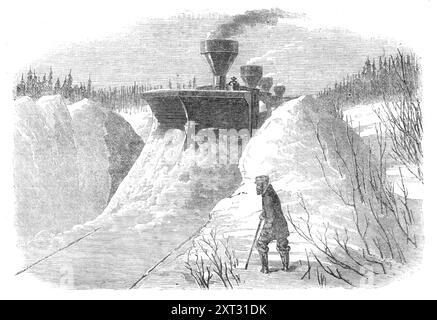 Snow-Plough sulla Grand Trunk Railway of Canada, 1870. "Non c'è nulla nei fenomeni ordinari delle stagioni che sia così propenso a interrompere il traffico delle ferrovie come l'accumulo di neve... la Grand Trunk Railway del Canada, con la sua magnifica estensione di 900 miglia, comprendente le diramazioni, attraverso un paese che non manca mai di mostrare gli effetti dell'inverno in piena forza, ha ovviamente dovuto lottare con questo nemico alla locomozione. I suoi ingegneri hanno inventato a tal fine un aratro da neve molto potente, la cui forma e uso sono mostrati nelle illustrazioni che abbiamo inciso, Foto Stock