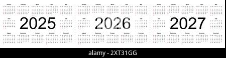 Semplici calendari vettoriali modificabili per gli anni 2025, 2026, 2027. La settimana inizia da domenica. Illustrazione vettoriale isolata su sfondo bianco. Illustrazione Vettoriale