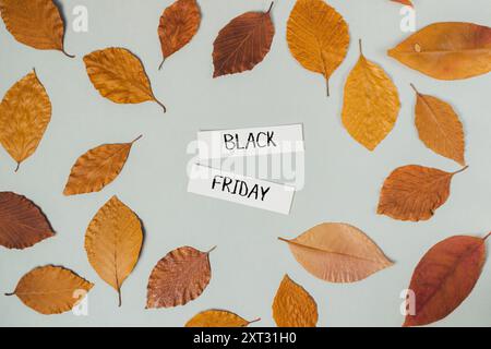 Una raccolta di foglie autunnali con le parole Black Friday scritte su di esse. Le foglie sono sparse nell'immagine, creando un senso di abbondanza Foto Stock