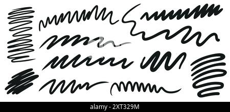 Matita al carbone, vortici e scoiattoli. Set di tratti di pennello. Scarabocchi tracciati a mano. Isolato su sfondo bianco Illustrazione Vettoriale