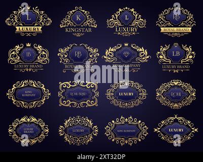 Distintivi premium. Logo o badge ornamentali di lusso modelli decorativi vettoriali recenti per l'identità aziendale Illustrazione Vettoriale