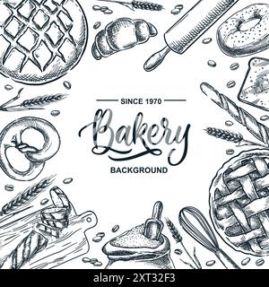 Pasticceria fresca e pane da forno, croissant, bagel e panini. Illustrazione dello schizzo disegnata a mano vettoriale isolata su sfondo bianco. Menu dei prodotti da forno, striscione, posta Illustrazione Vettoriale