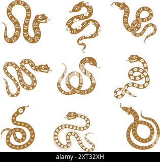 Serpente. Lo zodiaco cinese stilizzato i simboli del nuovo anno lucertola o serpente in diverse posizioni per loghi o badge disegnano un set vettoriale recente Illustrazione Vettoriale