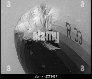 Vista frontale dello Zeppelin "R.33" con un naso ammaccato e danneggiato dopo aver attraversato una tempesta, 1924. Da "Time to Remember - A Trip to Europe", 1924 (Reel 3); uno sguardo alla vita politica e sociale in Europa e oltre nel 1924. Foto Stock