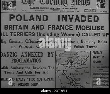 The Front Page of the Evening News venerdì settembre la prima lettura "LA POLONIA INVASE GRAN BRETAGNA e FRANCIA MOBILITARONO TUTTI I TERRIER (donne incluse) INVOCANDO la grande offensiva tedesca sul corridoio: Bombardamenti su Varsavia, Cracovia e altre città polacche", 1939. Da "Time to Remember - The Reluctant Warriors", 1939 ( Reel 2); documentario sugli eventi del 1939 - i preparativi per la guerra e poi scoppiano le ostilità. Foto Stock