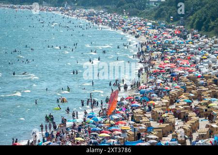 Voller Sommerstrand in Scharbeutz Das Bild zeigt einen vollen Strand in Scharbeutz an der heißen an einem sonnigen Ostseeküste Sommertag. Der Strand ist dicht besetzt mit Strandkörben, bunten Sonnenschirmen und zahlreichen Badegästen, die das warme Wetter genießen. Im Wasser tummeln sich Menschen, die schwimmen oder einfach im seichten Wasser stehen. An vielen Orten in Deutschland könnte es heute der bislang heißeste Tag des Jahres werden. Scharbeutz Schleswig-Holstein Deutschland *** Spiaggia estiva completa a Scharbeutz l'immagine mostra una spiaggia piena a Scharbeutz, sulla costa del Mar Baltico, su un caldo Foto Stock
