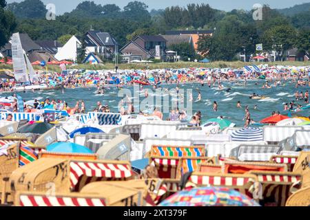 Voller Sommerstrand in Scharbeutz Das Bild zeigt einen vollen Strand in Scharbeutz an der heißen an einem sonnigen Ostseeküste Sommertag. Der Strand ist dicht besetzt mit Strandkörben, bunten Sonnenschirmen und zahlreichen Badegästen, die das warme Wetter genießen. Im Wasser tummeln sich Menschen, die schwimmen oder einfach im seichten Wasser stehen. An vielen Orten in Deutschland könnte es heute der bislang heißeste Tag des Jahres werden. Scharbeutz Schleswig-Holstein Deutschland *** Spiaggia estiva completa a Scharbeutz l'immagine mostra una spiaggia piena a Scharbeutz, sulla costa del Mar Baltico, su un caldo Foto Stock