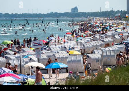 Voller Sommerstrand in Scharbeutz Das Bild zeigt einen vollen Strand in Scharbeutz an der heißen an einem sonnigen Ostseeküste Sommertag. Der Strand ist dicht besetzt mit Strandkörben, bunten Sonnenschirmen und zahlreichen Badegästen, die das warme Wetter genießen. Im Wasser tummeln sich Menschen, die schwimmen oder einfach im seichten Wasser stehen. An vielen Orten in Deutschland könnte es heute der bislang heißeste Tag des Jahres werden. Scharbeutz Schleswig-Holstein Deutschland *** Spiaggia estiva completa a Scharbeutz l'immagine mostra una spiaggia piena a Scharbeutz, sulla costa del Mar Baltico, su un caldo Foto Stock