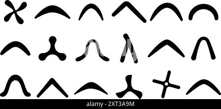 Boomerang aborigeni con silhouette nere. Armi o attrezzature sportive native australiane. Boomerang giocattolo per bambini per giochi di attività all'aperto, in neve Illustrazione Vettoriale