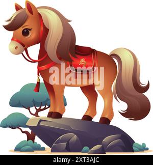 L'anno del cavallo segni zodiacali cinesi, con una simpatica illustrazione 3D colorata del cavallo Illustrazione Vettoriale