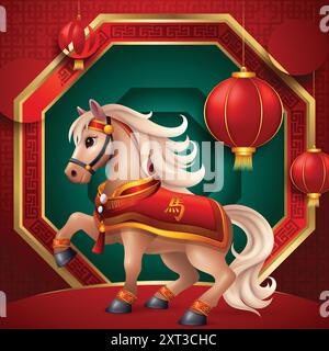 Capodanno cinese 2026 sfondo, anno del cavallo con cavallo 3d, lampione e sfondo rosso e verde. Illustrazione Vettoriale