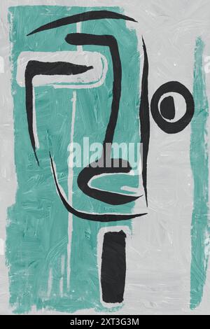 Questa illustrazione astratta presenta audaci tratti neri che formano un volto semplicistico su uno sfondo di menta testurizzata, offrendo un'espressione artistica moderna Foto Stock