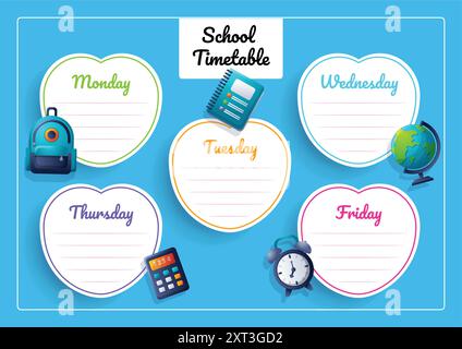 Simpatici orari scolastici per bambini, con decorazioni colorate e disegnate a mano Illustrazione Vettoriale