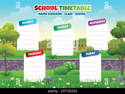 Modello di programma delle lezioni con splendido sfondo naturale dei cartoni animati Illustrazione Vettoriale