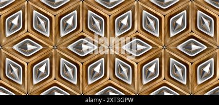 Questa immagine presenta un motivo geometrico 3D senza cuciture, perfetto per i disegni di carta da parati, composto da trame in legno e dettagli metallici lucidi Foto Stock