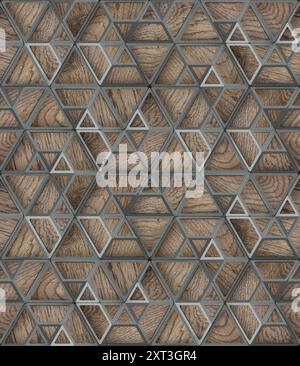 Un'illustrazione dettagliata che mostra un modello geometrico senza cuciture composto da trame di legno e metallo alternate. Gli elementi in legno hanno un testo naturale Foto Stock