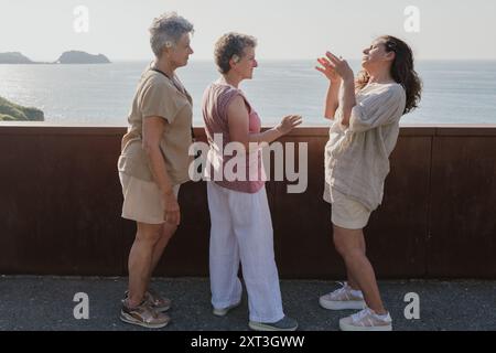 Tre donne anziane comunicano nel linguaggio dei segni, godendosi una giornata di sole al mare, una spiega vividamente mentre altre ascoltano. Foto Stock