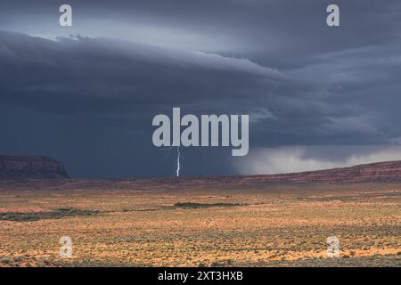 Un'immagine accattivante che cattura un fulmine che colpisce in mezzo a un cielo tempestoso sopra i vasti e aspri paesaggi della Monument Valley, in contrasto con dramatica Foto Stock