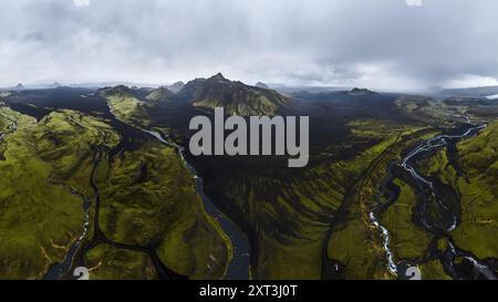 Un'ampia vista panoramica dei paesaggi contrastanti delle Highlands islandesi, con terreno verde lussureggiante e formazioni vulcaniche nere Foto Stock