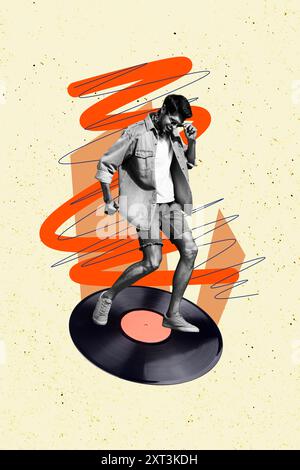 Collage fotografico verticale di Happy man dance retro vinile party sound occasioni intrattenimento relax vintage isolato su sfondo dipinto Foto Stock