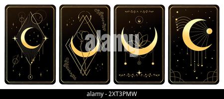 Set di carte Golden Magical Tarot decorate con mezzalune e stelle. Mistero, astrologia, alchimia. Illustrazione vettoriale Illustrazione Vettoriale