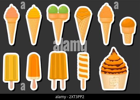 Illustrazione del grande kit a tema di gelateria con ghiaccioli diversi tipi di tazza per waffle a cono, gelato con gustoso ghiacciolo su tazza per waffle a cono, popsic Illustrazione Vettoriale