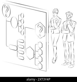 Uomo e donna identificano problemi o opportunità nel processo decisionale. Concetto di business. Illustrazione del vettore di schizzo. Illustrazione Vettoriale