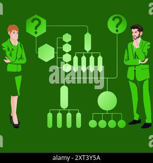 Uomo e donna identificano problemi o opportunità nel processo decisionale. Concetto di business. Illustrazione vettoriale piatta. Illustrazione Vettoriale