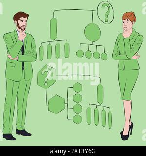 Uomo e donna identificano problemi o opportunità nel processo decisionale. Concetto di business. Illustrazione vettoriale. Illustrazione Vettoriale