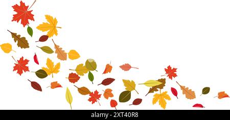 Foglie autunnali che cadono. Foglie arancioni volanti da alberi su sfondo bianco opere di autori di illustrazioni vettoriali isolate Illustrazione Vettoriale