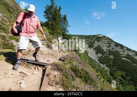 Adulti pensionato anziano pensione anziani che cammina lungo il sentiero di montagna vecchio pensionato invecchiamento Parco Nazionale Krkonose Repubblica Ceca Europa Foto Stock