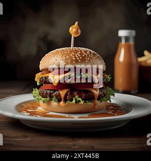 L'iconico hamburger a due piani con salsa speciale. Illustrazione Vettoriale