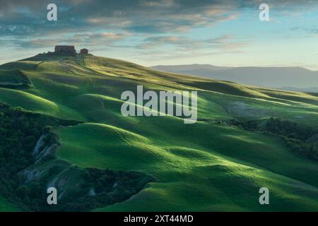 Rovina sulle dolci colline delle Crete Senesi al tramonto. Paesaggio primaverile a Monte Sante Marie, provincia di Siena, regione Toscana, Italia Foto Stock