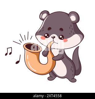 Il tasso di Kawaii soffia nell'illustrazione vettoriale del sassofono a colori piatti. Il distintivo stravagante crea un'accattivante icona della melodia su sfondo bianco Illustrazione Vettoriale
