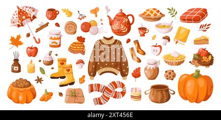 Accogliente set di oggetti cartoni animati 2D con elementi autunnali. Abiti caldi e cibo gustoso per la stagione autunnale e le icone vettoriali della linea piatta di Halloween su sfondo bianco Illustrazione Vettoriale