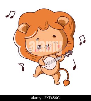 Il leone Kawaii suona una melodia allegra su una chitarra, un'illustrazione vettoriale di colore piatto. La melodia con cucciolo di leone porta l'icona del senso di felicità su sfondo bianco Illustrazione Vettoriale