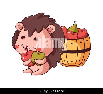 Il riccio Kawaii si trova vicino al barile pieno di mele immagine vettoriale a colori piatti. Animali della foresta che avvolgono le braccia intorno ai frutti visualizzati su sfondo bianco Illustrazione Vettoriale
