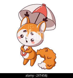 Il piccolo scoiattolo Kawaii si trova sotto l'illustrazione vettoriale piatta dell'ombrello. Creatura soffice che si sente giù a causa dell'icona della pioggia su sfondo bianco Illustrazione Vettoriale