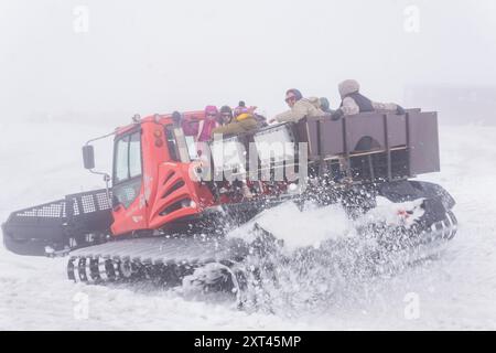 Elbrus, Russia - 1 agosto 2024: Trasporto di turisti attraverso un ghiacciaio in fusione con gatto delle nevi in una nuvola sulle pendici del Monte Elbrus Foto Stock