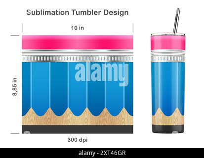 Design a sublimazione della matita per insegnante per bicchiere magro da 20 once. Ritorno al concetto di scuola. Illustrazione della sublimazione. Senza cuciture da bordo a bordo. Foto Stock