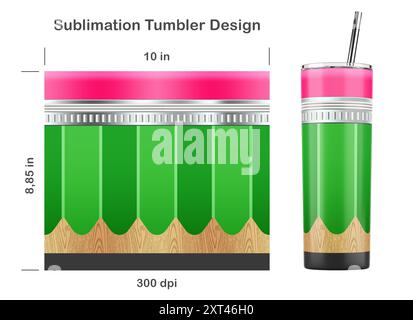 Design a sublimazione della matita per insegnante per bicchiere magro da 20 once. Ritorno al concetto di scuola. Illustrazione della sublimazione. Senza cuciture da bordo a bordo. Foto Stock