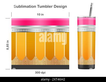 Design a sublimazione della matita per insegnante per bicchiere magro da 20 once. Ritorno al concetto di scuola. Illustrazione della sublimazione. Senza cuciture da bordo a bordo. Foto Stock