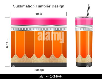 Design a sublimazione della matita per insegnante per bicchiere magro da 20 once. Ritorno al concetto di scuola. Illustrazione della sublimazione. Senza cuciture da bordo a bordo. Foto Stock