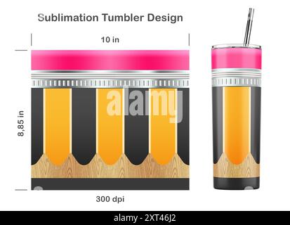 Design a sublimazione della matita per insegnante per bicchiere magro da 20 once. Ritorno al concetto di scuola. Illustrazione della sublimazione. Senza cuciture da bordo a bordo. Foto Stock