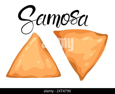 Piatto nazionale uzbeko samosa con etichetta scritta a mano. Illustrazione vettoriale isolata su sfondo bianco. Illustrazione Vettoriale