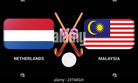Partita di hockey olandese contro Malesia con simboli di bandiera bastoni da hockey e palla sullo sfondo scuro Illustrazione Vettoriale