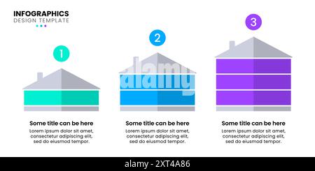 Modello infografico con 3 case. Può essere utilizzato per layout del flusso di lavoro, diagrammi, banner, webdesign. Illustrazione vettoriale Illustrazione Vettoriale