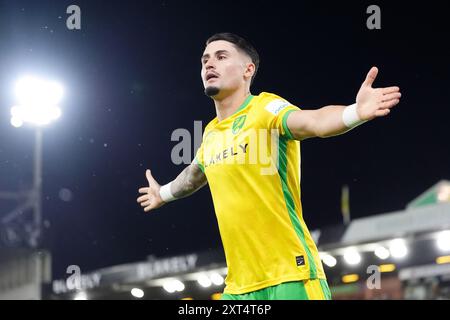 Il Borja Sainz del Norwich City celebra il terzo gol della squadra durante la partita del primo turno della Carabao Cup a Carrow Road, Norwich. Data foto: Martedì 13 agosto 2024. Foto Stock